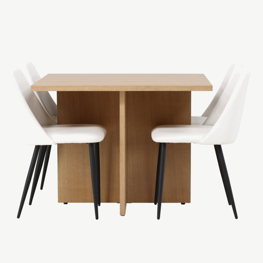 Neljakandiline tammekarva söögilaud Leo ja valged Night toolid (4 tk), GR23585 – 2