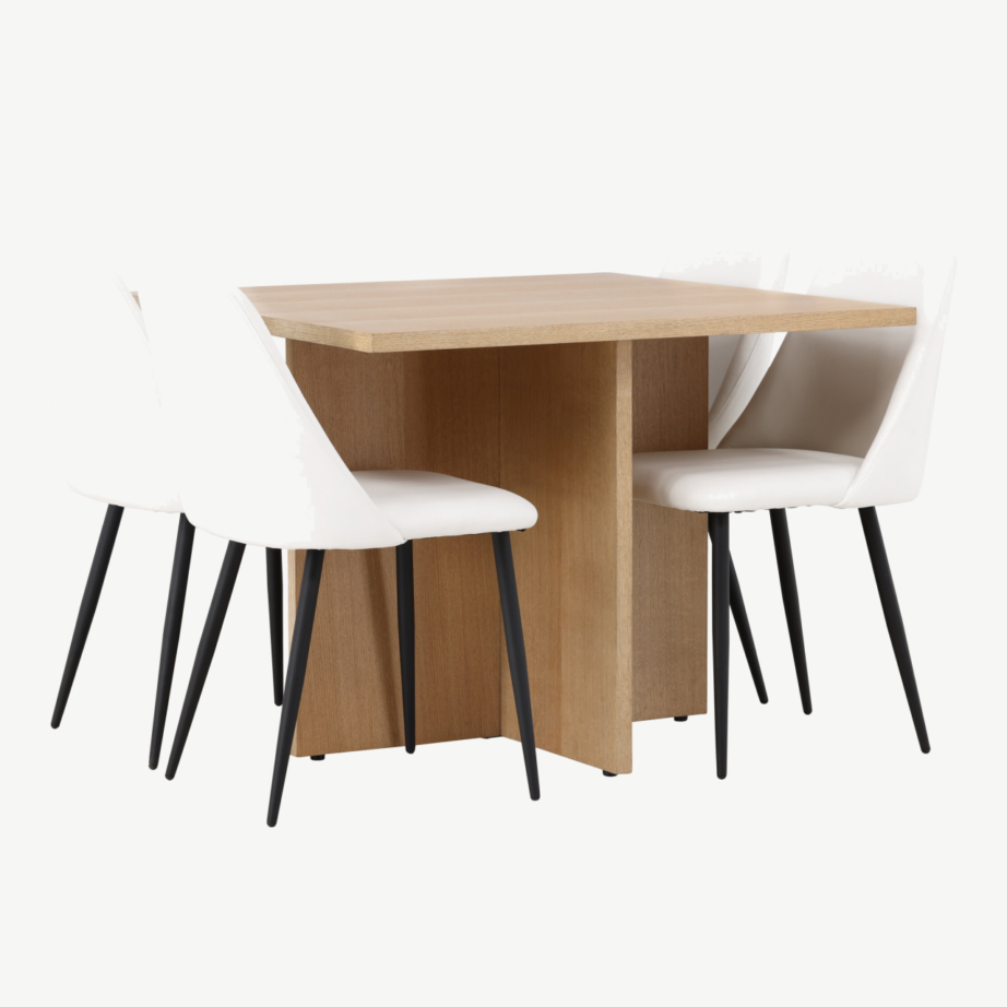 Neljakandiline tammekarva söögilaud Leo ja valged Night toolid (4 tk), GR23585 – 4