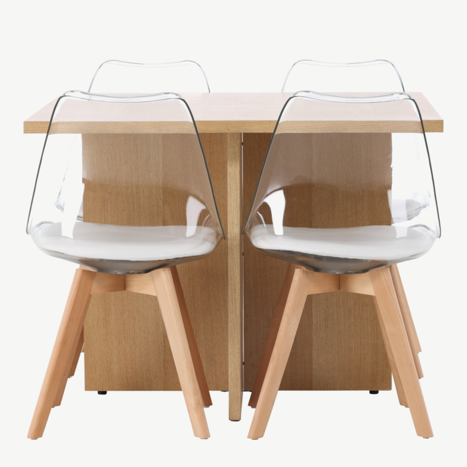 Neljakohaline söögilauakomplekt Leo tammepuidu tooni MDF ja läbipaistvate PET toolidega Edvin, GR23581 – 2