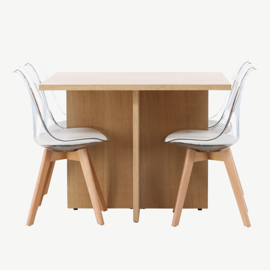 Neljakohaline söögilauakomplekt Leo tammepuidu tooni MDF ja läbipaistvate PET toolidega Edvin, GR23581 – 3