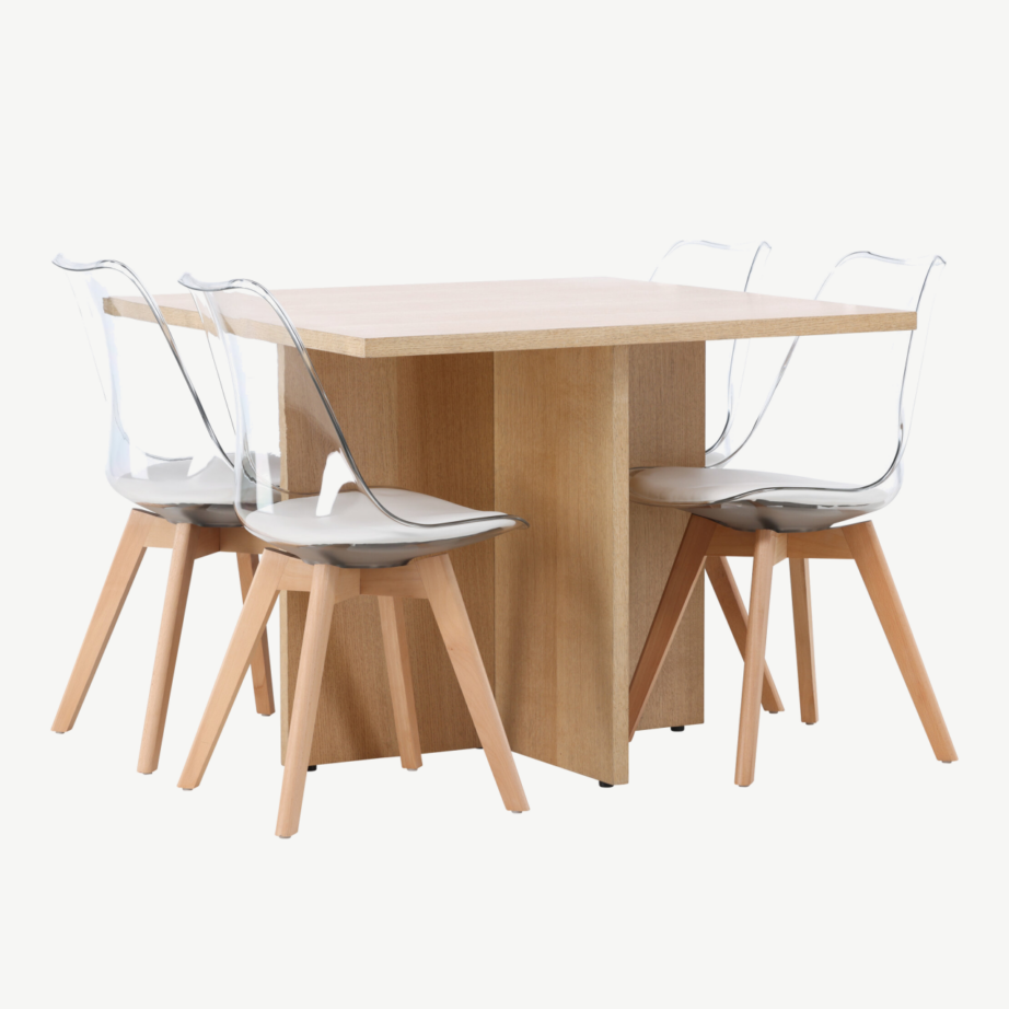 Neljakohaline söögilauakomplekt Leo tammepuidu tooni MDF ja läbipaistvate PET toolidega Edvin, GR23581 – 4