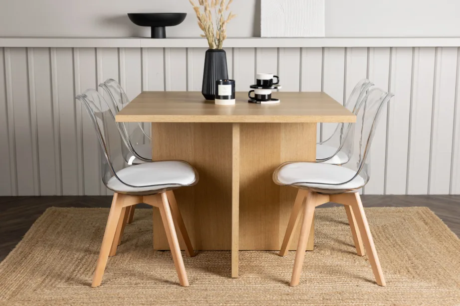 Neljakohaline söögilauakomplekt Leo tammepuidu tooni MDF ja läbipaistvate PET toolidega Edvin, GR23581 – 5