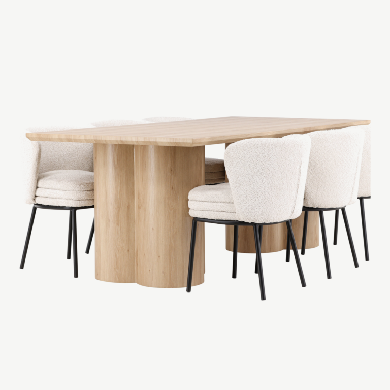 Olivia söögilaud ja Agnes valge buklee toolid (6-kohaline komplekt, MDF, mustad terasjalad) - GR24543