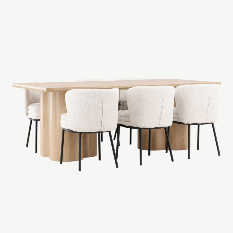Olivia söögilaud ja Agnes valge buklee toolid (6-kohaline komplekt, MDF, mustad terasjalad) - GR24543
