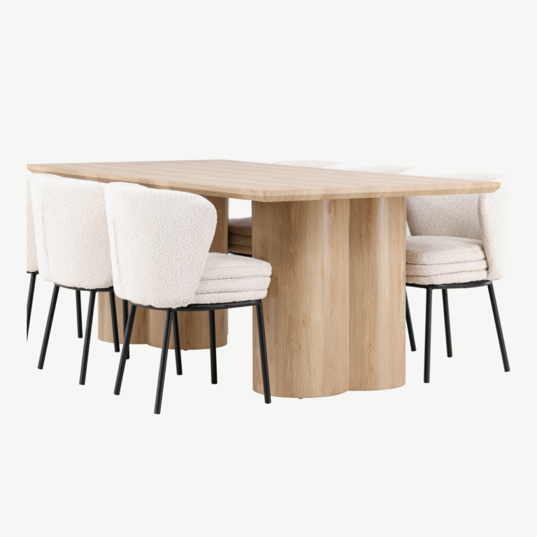 Olivia söögilaud ja Agnes valge buklee toolid (6-kohaline komplekt, MDF, mustad terasjalad) - GR24543