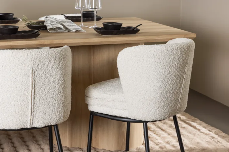 Olivia söögilaud ja Agnes valge buklee toolid (6-kohaline komplekt, MDF, mustad terasjalad) - GR24543