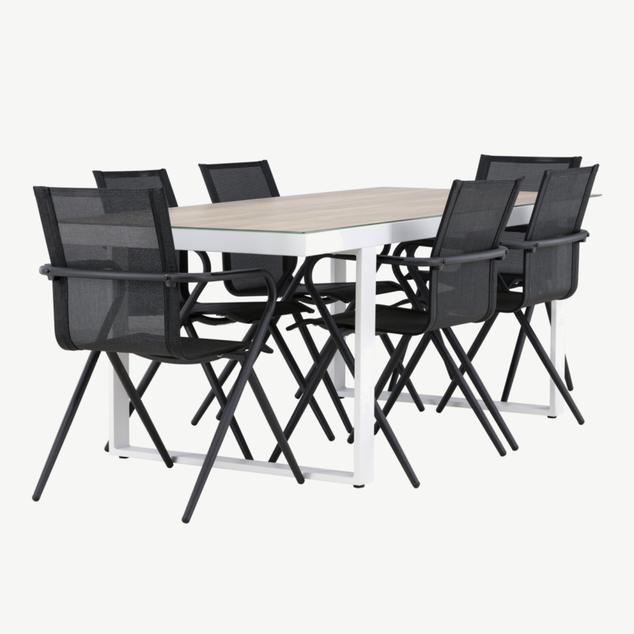Õuemööbli söögikomplekt Merlo (valge alumiiniumlaud, klaaspind, 6 musta tekstileenist tooli), GR24327 – 3