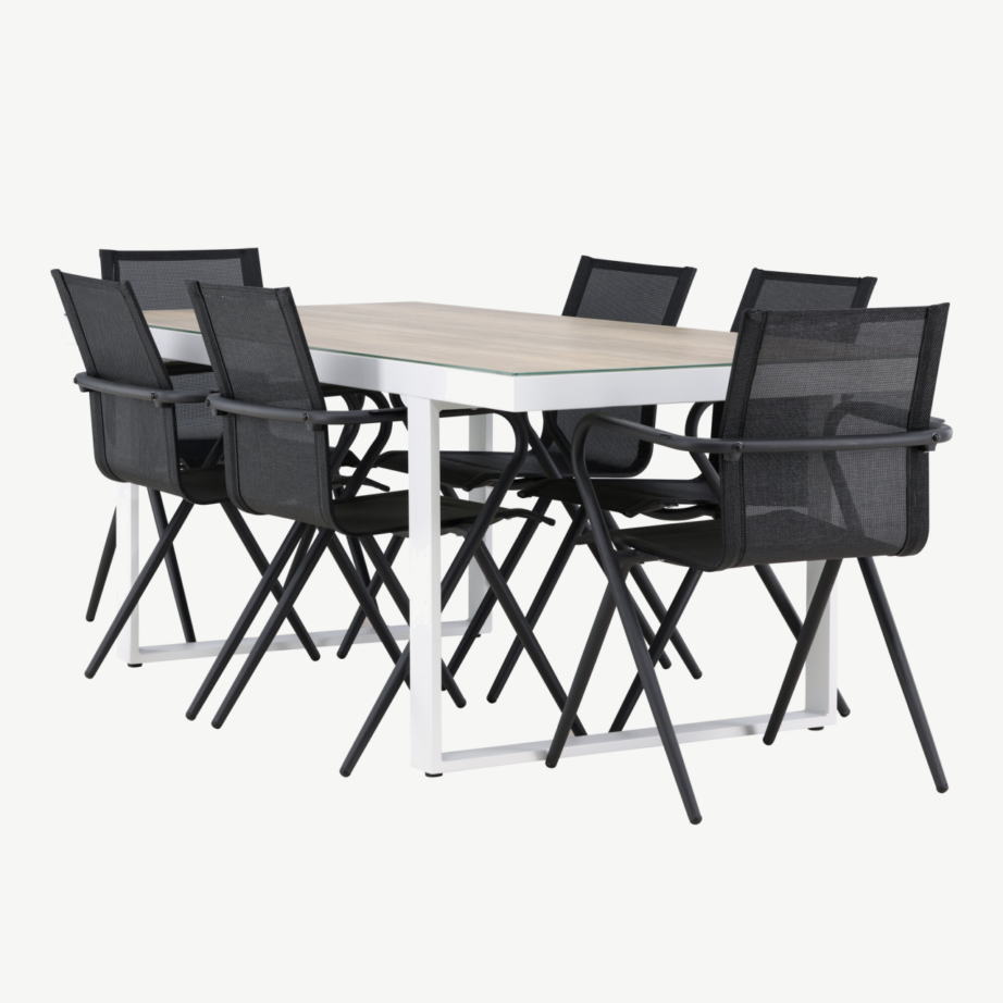 Õuemööbli söögikomplekt Merlo (valge alumiiniumlaud, klaaspind, 6 musta tekstileenist tooli), GR24327 – 6