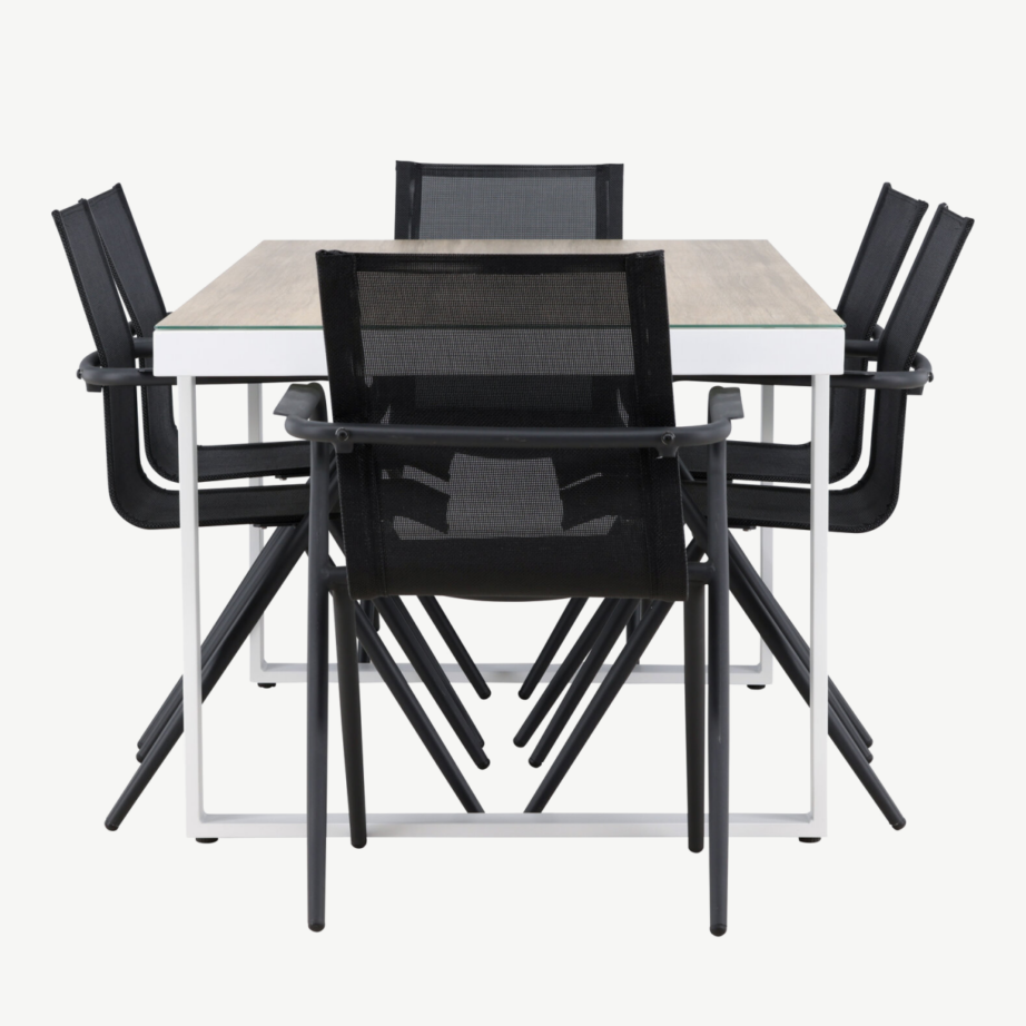 Õuemööbli söögikomplekt Merlo (valge alumiiniumlaud, klaaspind, 6 musta tekstileenist tooli), GR24327 – 7