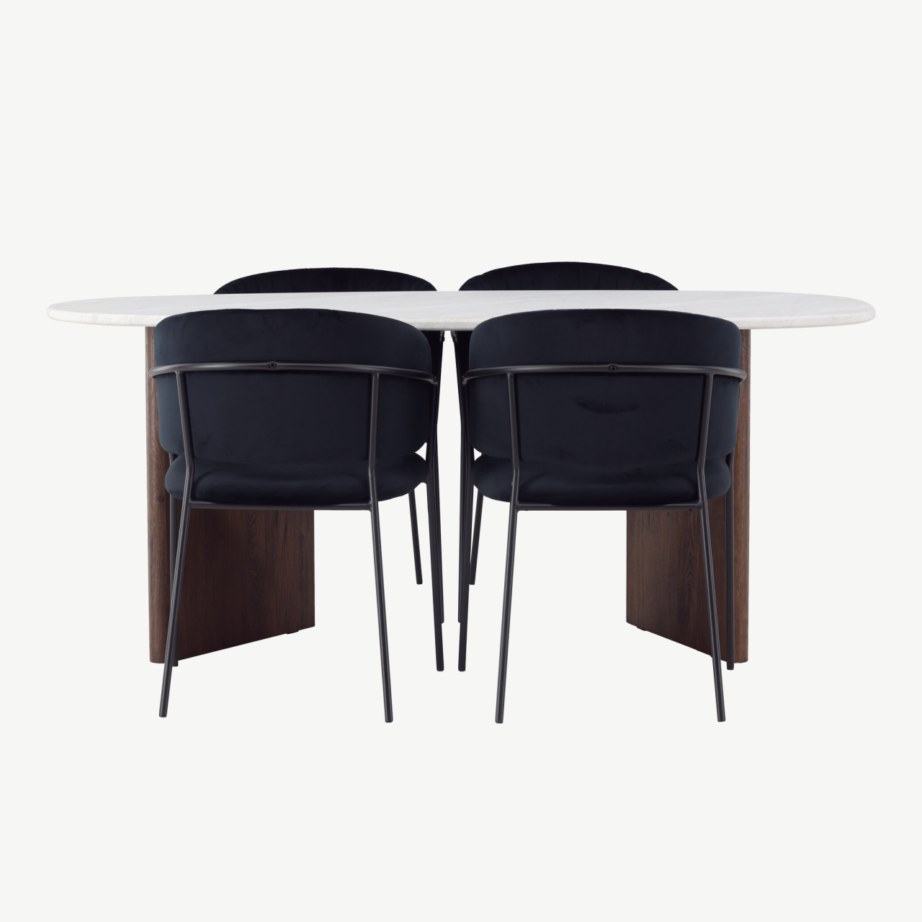 Ovaalne helehall söögilaud Grönvik ja mustad velvetist söögitoolid Selma (4 tk), GR23498 – 2