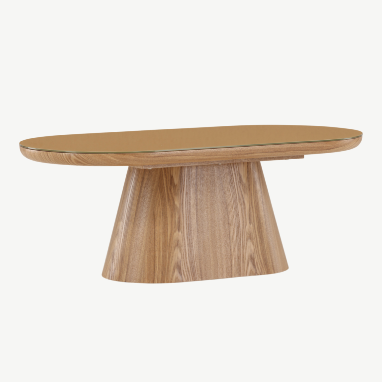 Ovaalne klaasplaadiga diivanilaud Castor (looduslik MDF, 120x60 cm) - 62058-111