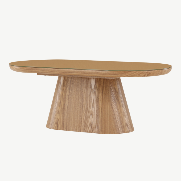 Ovaalne klaasplaadiga diivanilaud Castor (looduslik MDF, 120x60 cm) - 62058-111