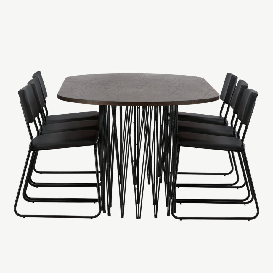 Ovaalne mokkatoonis söögilaud Stone metalljalgadega ja must kunstnahast tool Kenth, GR22821 – 2