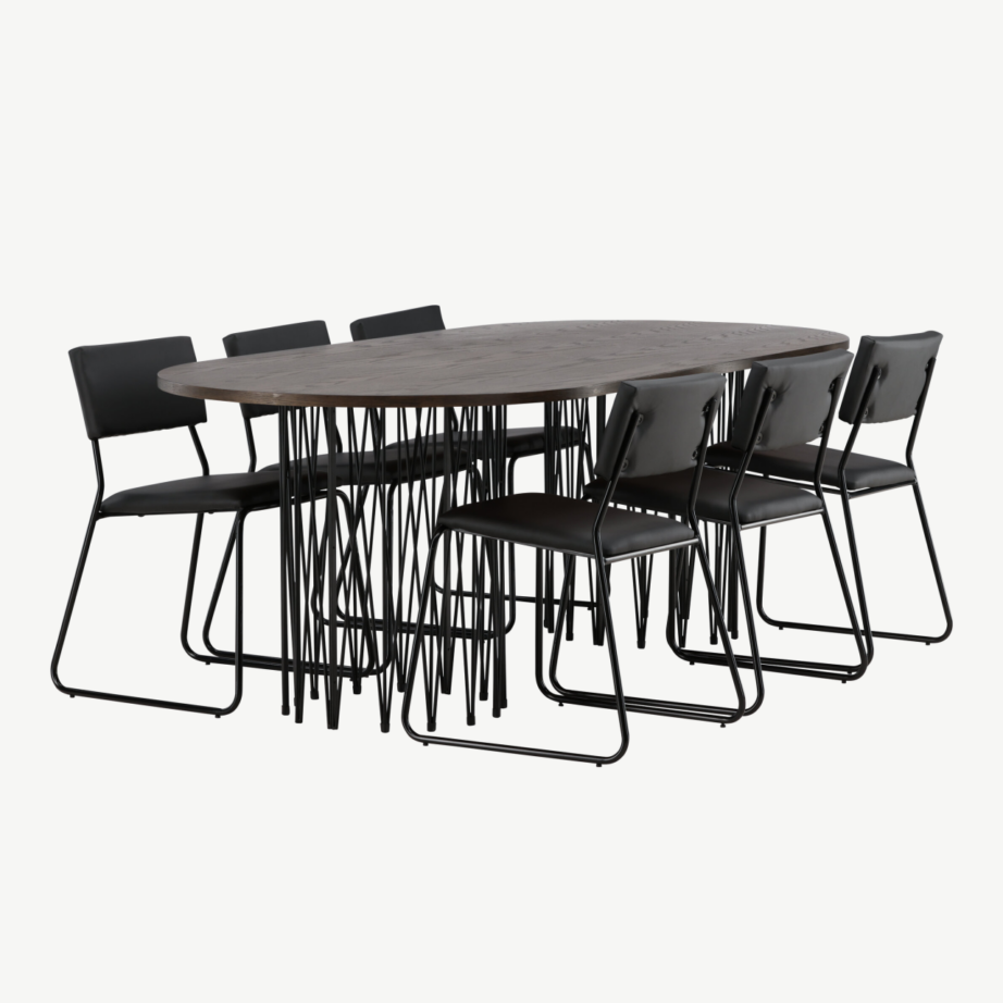 Ovaalne mokkatoonis söögilaud Stone metalljalgadega ja must kunstnahast tool Kenth, GR22821 – 3