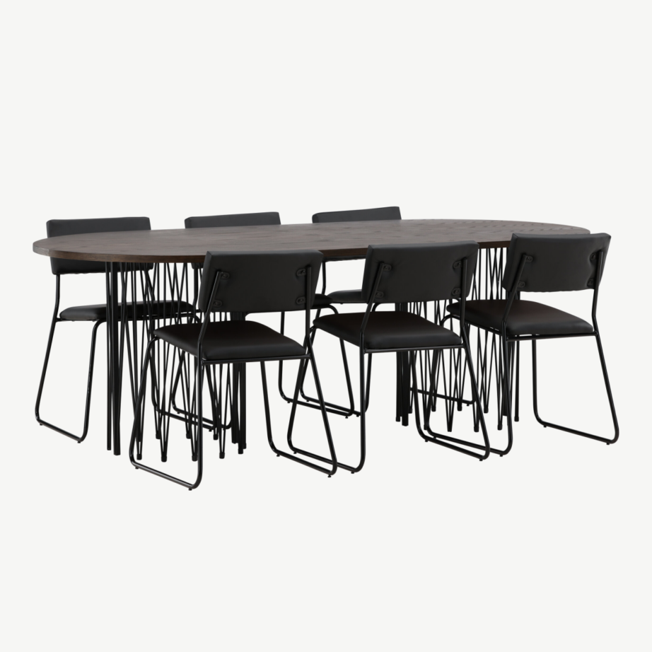 Ovaalne mokkatoonis söögilaud Stone metalljalgadega ja must kunstnahast tool Kenth, GR22821 – 4