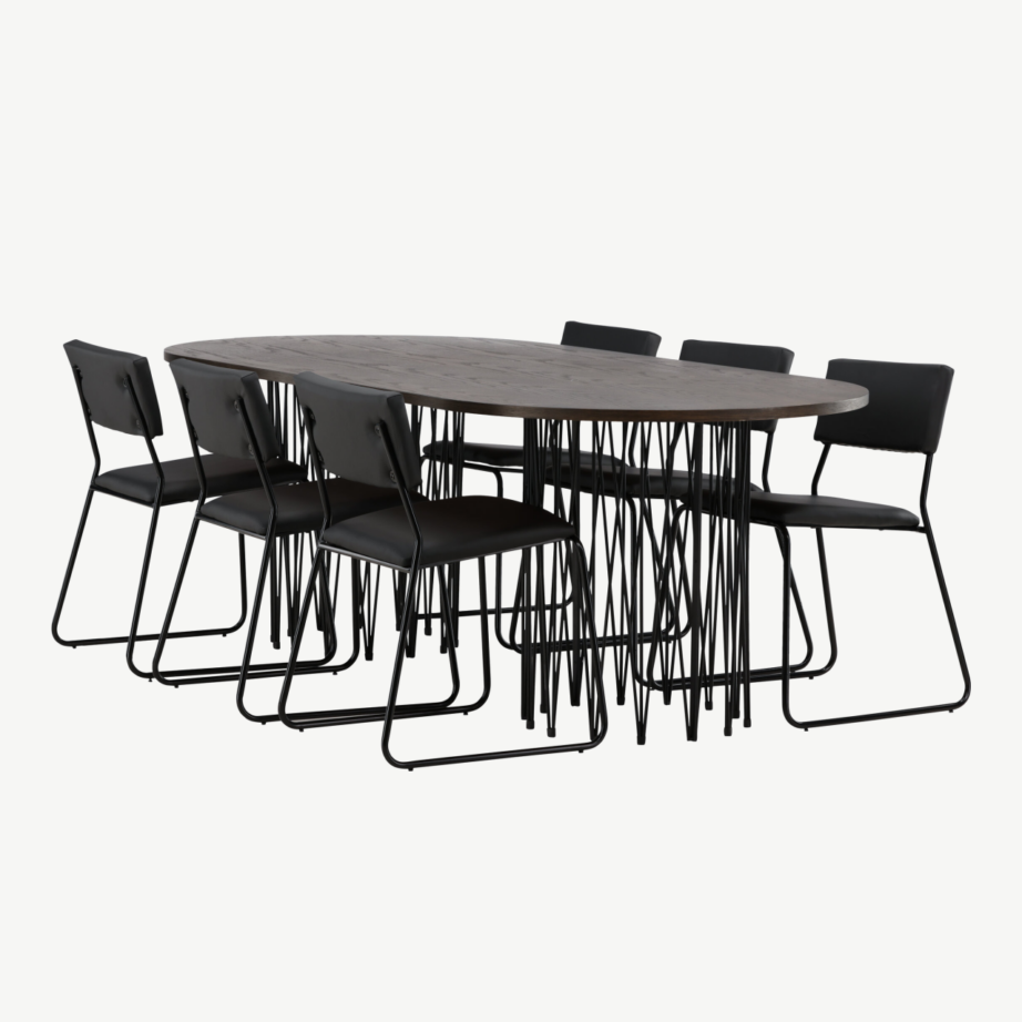 Ovaalne mokkatoonis söögilaud Stone metalljalgadega ja must kunstnahast tool Kenth, GR22821 – 6