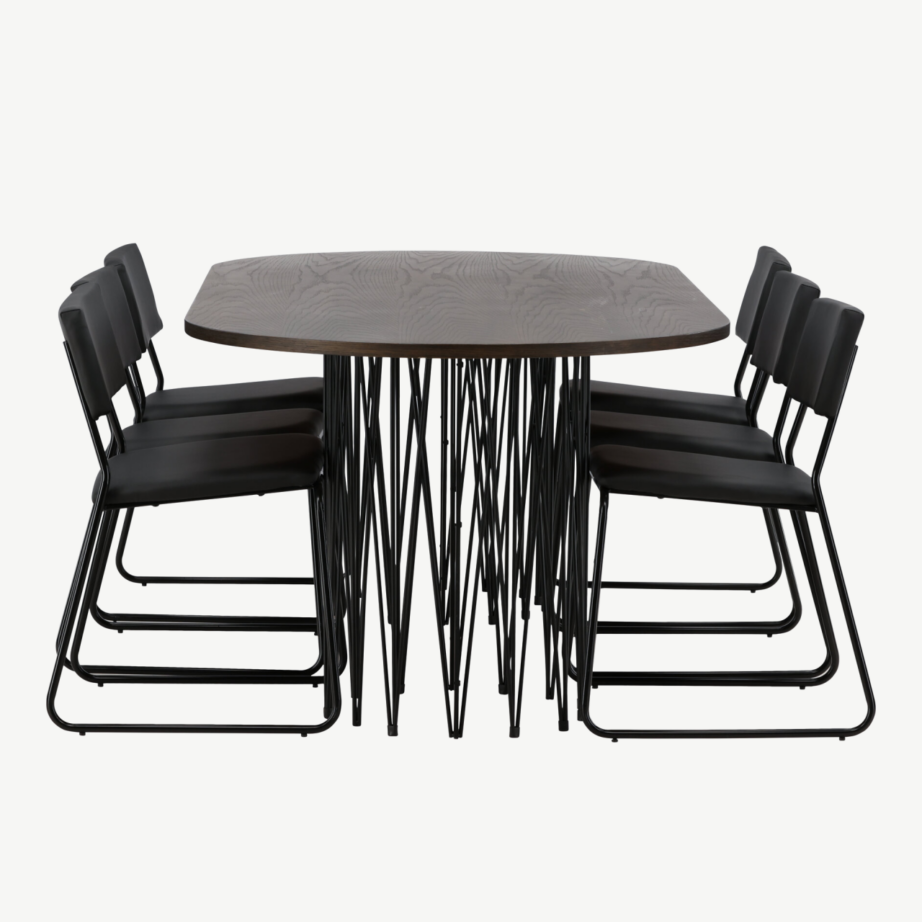 Ovaalne mokkatoonis söögilaud Stone metalljalgadega ja must kunstnahast tool Kenth, GR22821 – 7