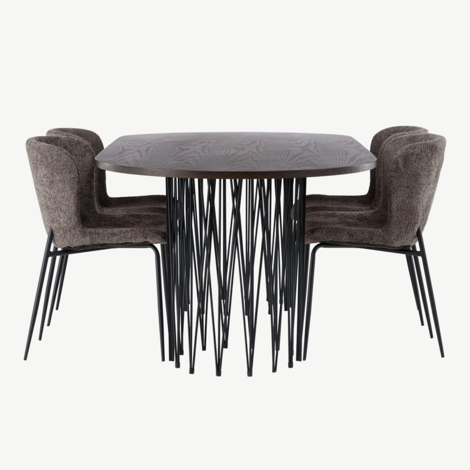 Ovaalne mokkavärvi söögilaud Stone ja tumehallid buklee-kangaga Modesto toolid, GR23043 – 2