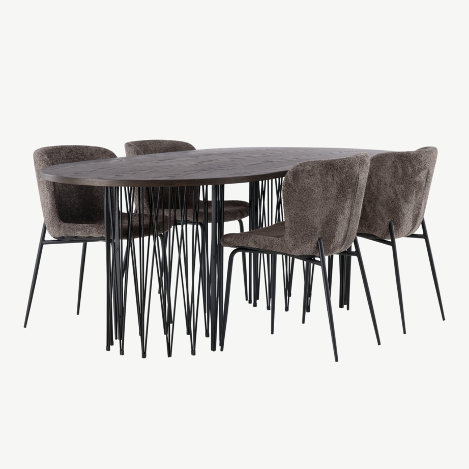 Ovaalne mokkavärvi söögilaud Stone ja tumehallid buklee-kangaga Modesto toolid, GR23043 – 3