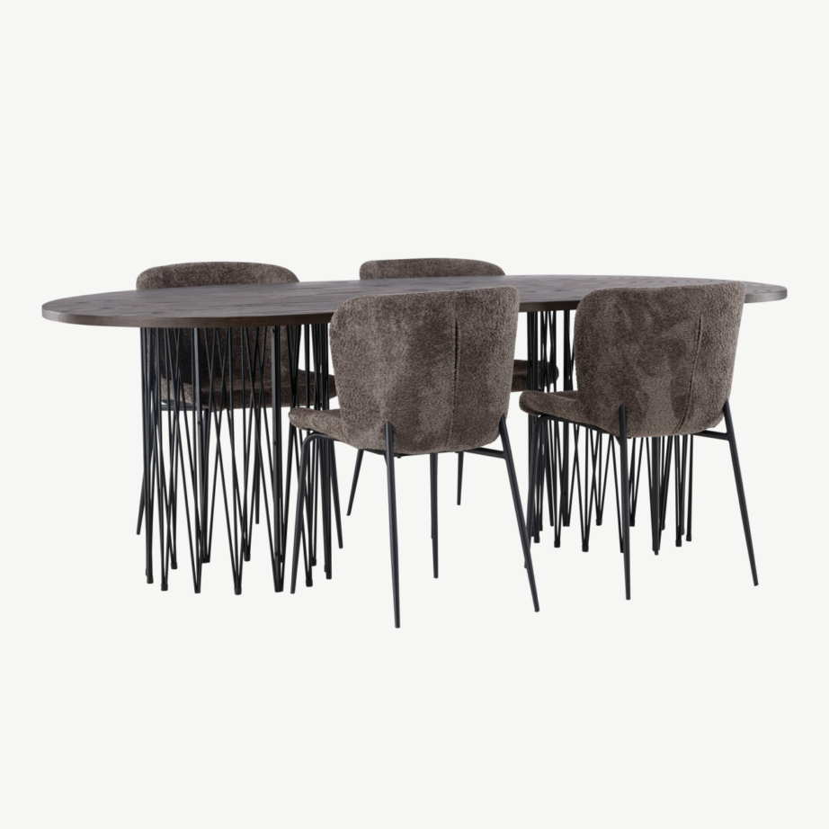 Ovaalne mokkavärvi söögilaud Stone ja tumehallid buklee-kangaga Modesto toolid, GR23043 – 4