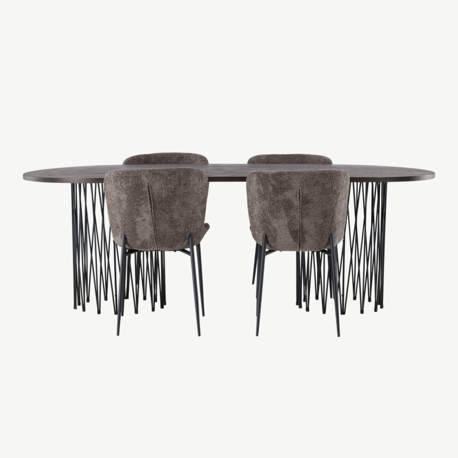 Ovaalne mokkavärvi söögilaud Stone ja tumehallid buklee-kangaga Modesto toolid, GR23043 – 5