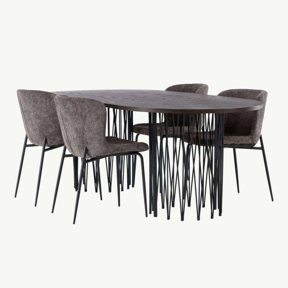 Ovaalne mokkavärvi söögilaud Stone ja tumehallid buklee-kangaga Modesto toolid, GR23043 – 6