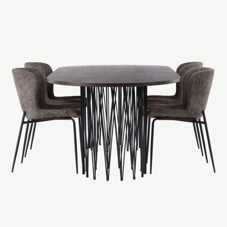 Ovaalne mokkavärvi söögilaud Stone ja tumehallid buklee-kangaga Modesto toolid, GR23043 – 7