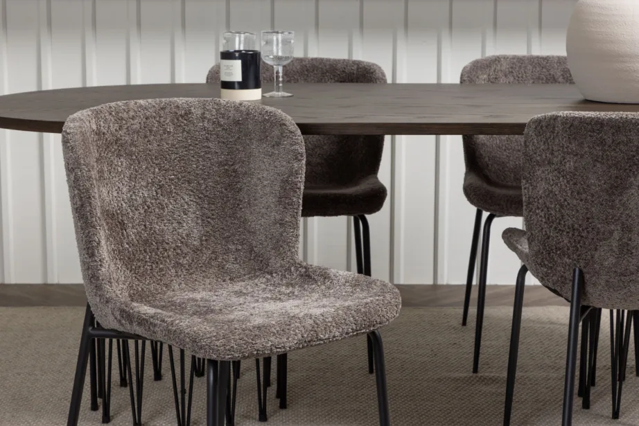 Ovaalne mokkavärvi söögilaud Stone ja tumehallid buklee-kangaga Modesto toolid, GR23043 – 10