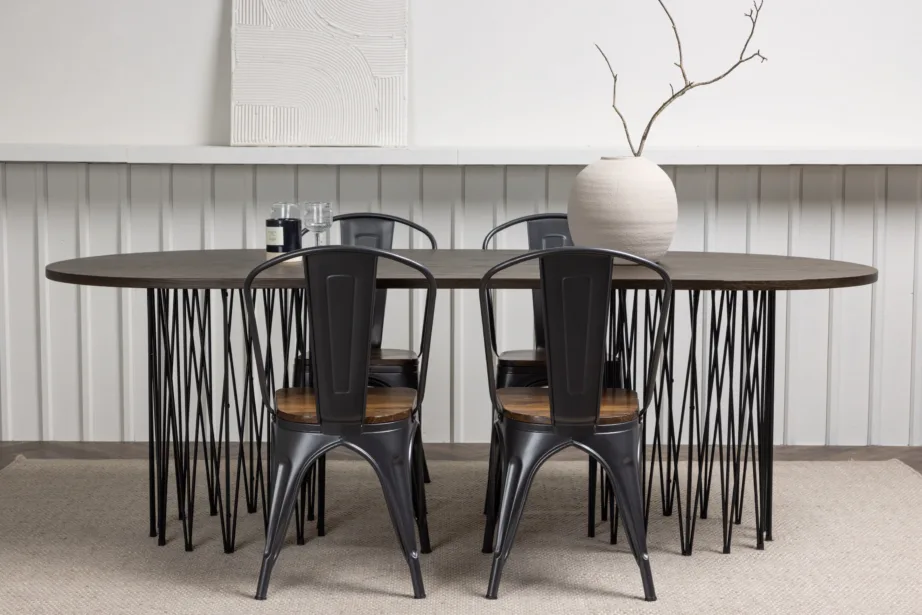 Ovaalne mokkavärvi söögilaud Stone ning tumeda puitistmega Terasest Tempe toolid, GR23047 – 8