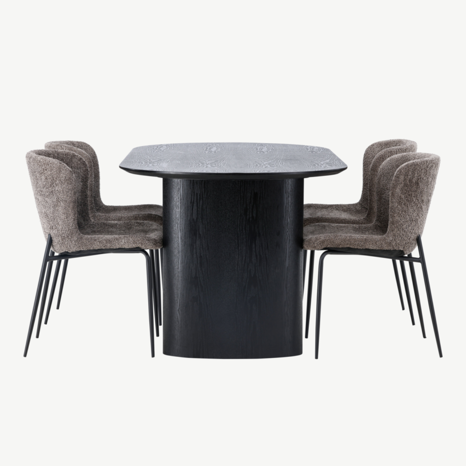 Ovaalne must MDF-söögilaud Isolde ja tumehalli buklee kattega Modesto tool, GR23628 – 2