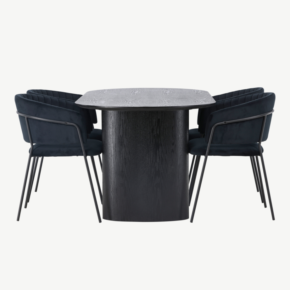 Ovaalne must MDF söögilaud Isolde ja velvetkattega söögitool Selma, GR23618 – 2