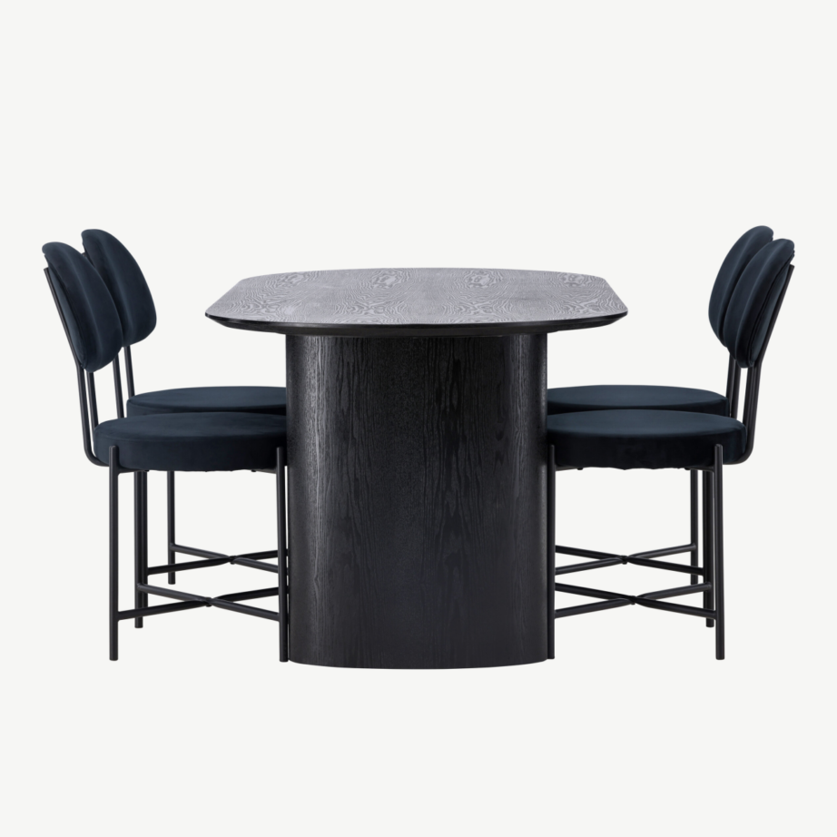 Ovaalne must MDF söögilaud Isolde koos Stella samettoolidega, GR23619 – 2