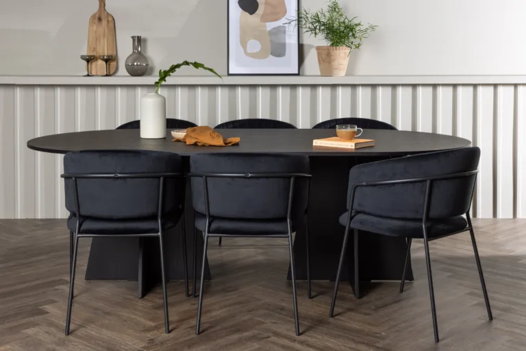 Ovaalne must söögilauakomplekt Bootcut kuue polsterdatud Selma tooliga - GR23773