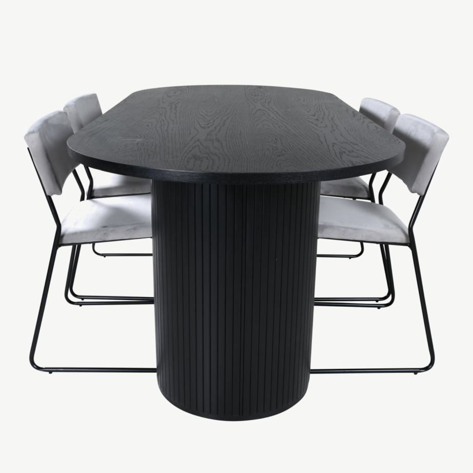 Ovaalne must söögilaud Bianca koos hallide velvetkangast Kenth toolidega, GR22465 – 2