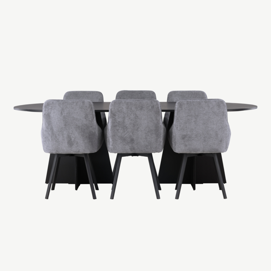 Ovaalne must söögilaud Bootcut ja hallid polsterdatud söögitoolid Rosie, GR23771 – 2