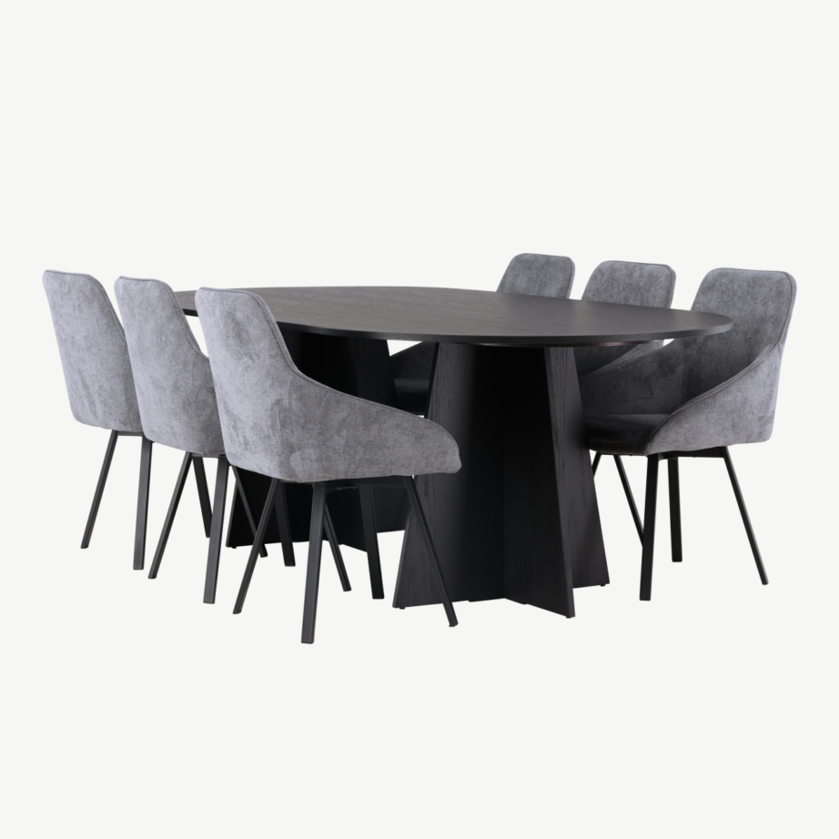 Ovaalne must söögilaud Bootcut ja hallid polsterdatud söögitoolid Rosie, GR23771 – 4