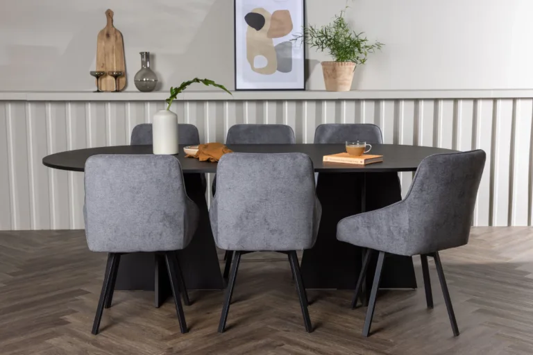 Ovaalne must söögilaud Bootcut ja hallid polsterdatud söögitoolid Rosie - GR23771