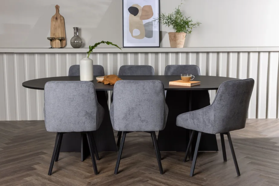 Ovaalne must söögilaud Bootcut ja hallid polsterdatud söögitoolid Rosie, GR23771 – 5