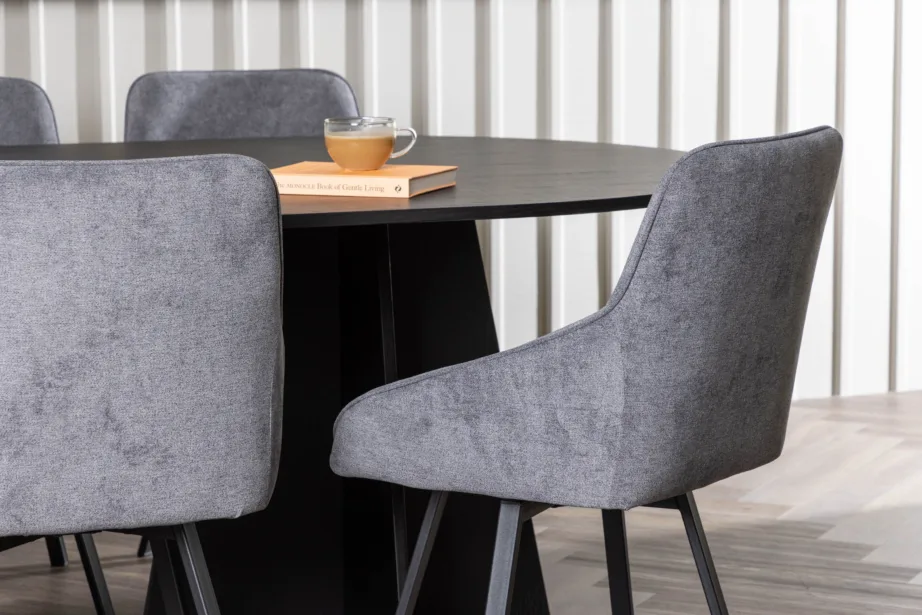 Ovaalne must söögilaud Bootcut ja hallid polsterdatud söögitoolid Rosie, GR23771 – 6