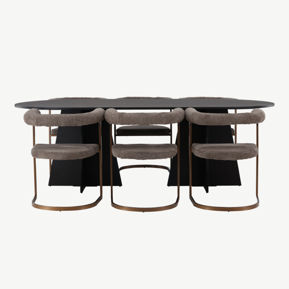 Ovaalne must söögilaud Bootcut ja pruunid buklee-kangaga söögitoolid Morning (6 tooli), GR23766 – 2