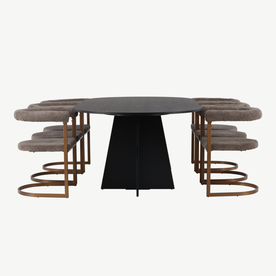 Ovaalne must söögilaud Bootcut ja pruunid buklee-kangaga söögitoolid Morning (6 tooli), GR23766 – 3