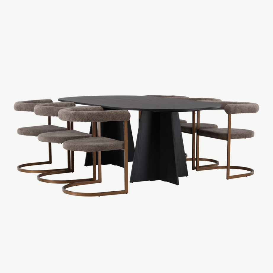 Ovaalne must söögilaud Bootcut ja pruunid buklee-kangaga söögitoolid Morning (6 tooli), GR23766 – 4