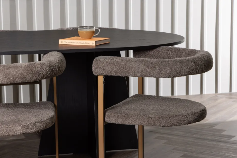 Ovaalne must söögilaud Bootcut ja pruunid buklee-kangaga söögitoolid Morning (6 tooli), GR23766 – 6