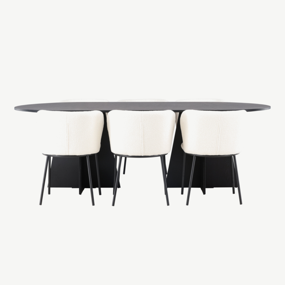 Ovaalne must söögilaud Bootcut ja valge buklee kattega toolid Edina (6 tooli), GR23770 – 2