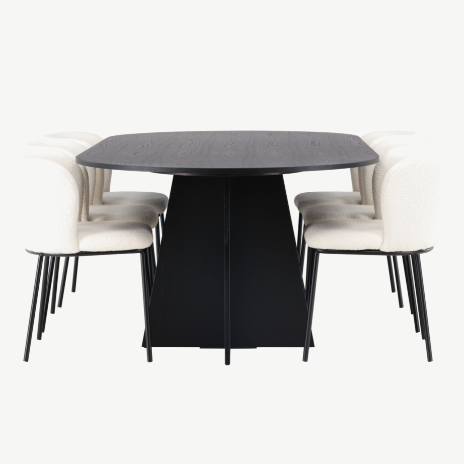 Ovaalne must söögilaud Bootcut ja valge buklee kattega toolid Edina (6 tooli), GR23770 – 3
