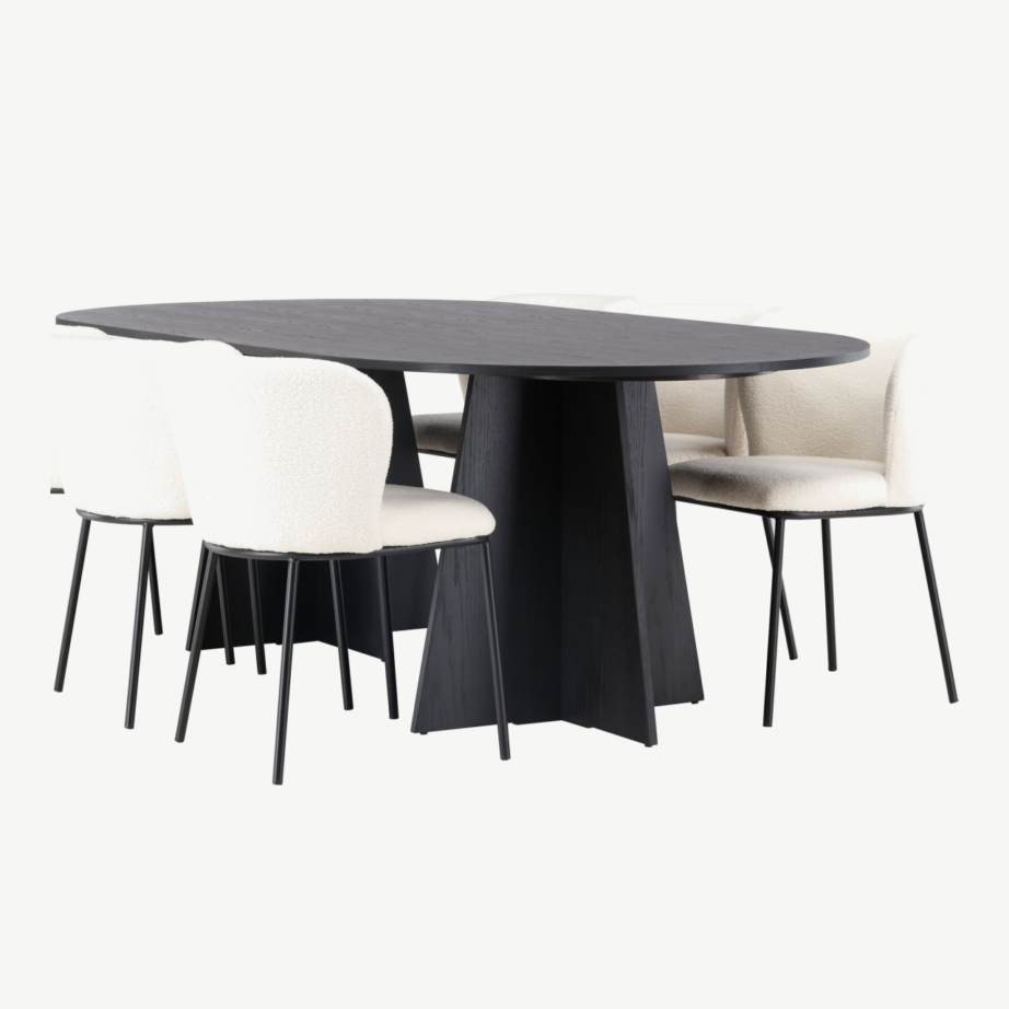 Ovaalne must söögilaud Bootcut ja valge buklee kattega toolid Edina (6 tooli), GR23770 – 4