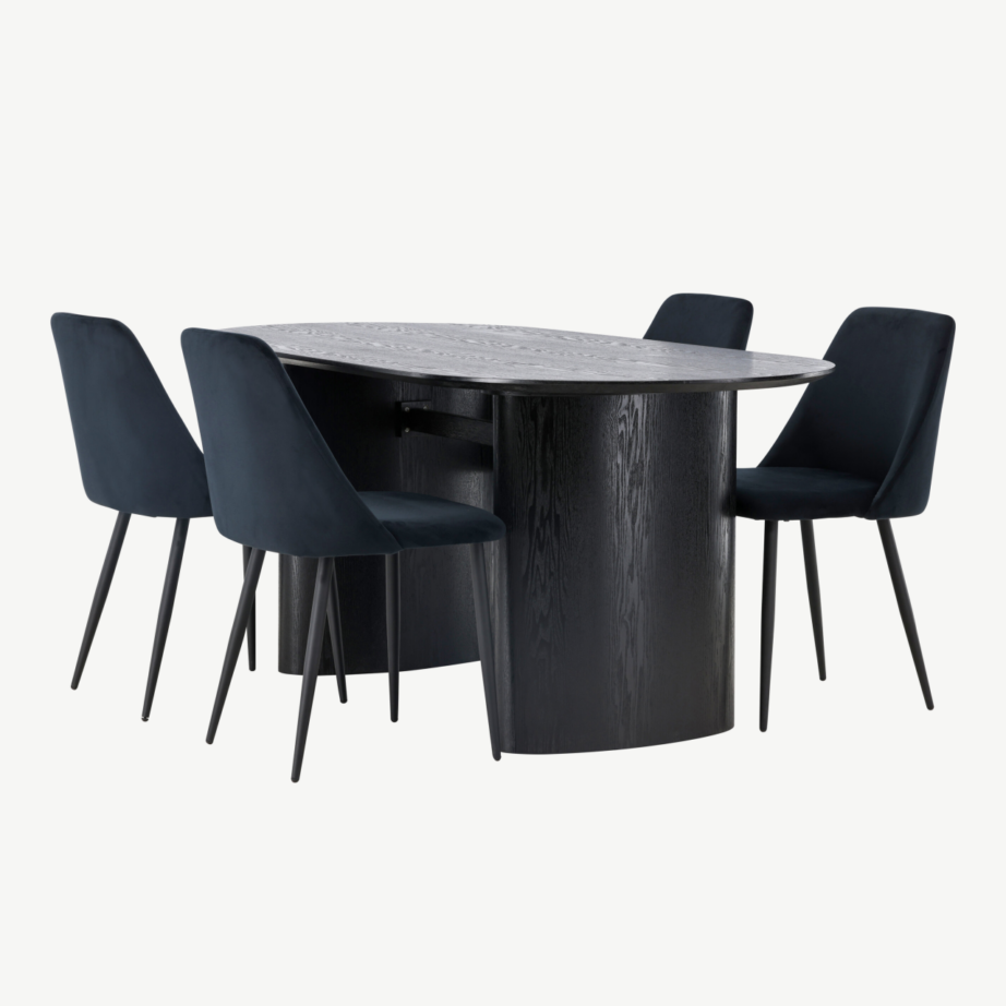 Ovaalne must söögilaud Isolde ja Night sametist toolid, GR23625 – 6