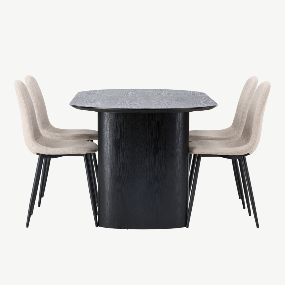 Ovaalne must söögilaud Isolde ja beežid Polar toolid (komplekt 4 tooliga, MDF, buklee kangas), GR23624 – 2