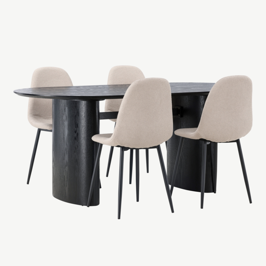 Ovaalne must söögilaud Isolde ja beežid Polar toolid (komplekt 4 tooliga, MDF, buklee kangas), GR23624 – 4