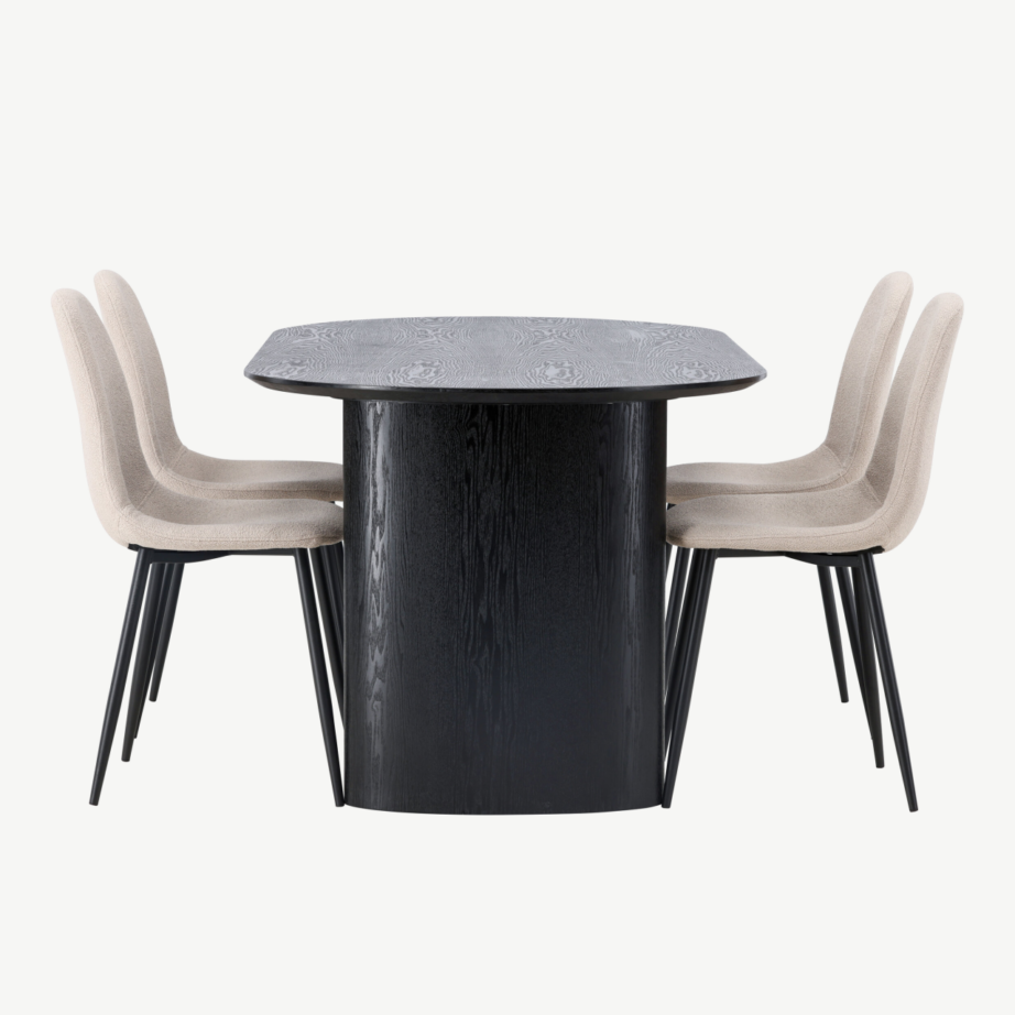 Ovaalne must söögilaud Isolde ja beežid Polar toolid (komplekt 4 tooliga, MDF, buklee kangas), GR23624 – 7
